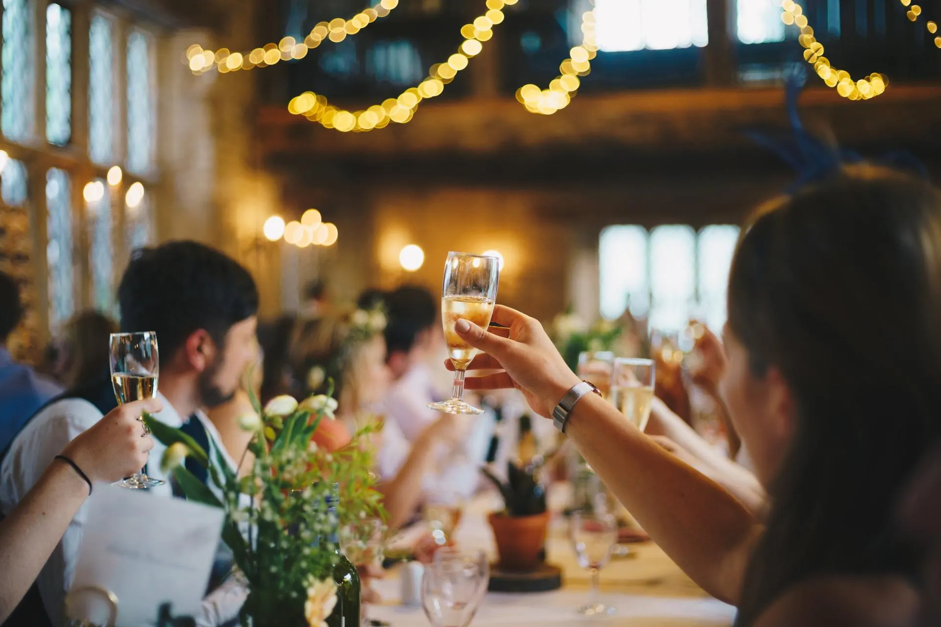 Guests toasting under string lights at an outdoor event